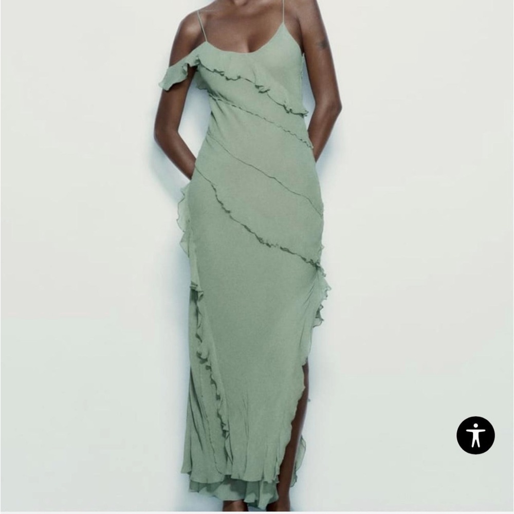 Zara long ruffled dress sage green